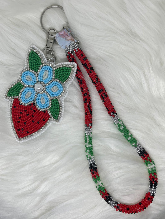 Beaded Keychain with Strawberry Flower Design